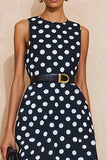 Navy White Polka Dots Round Neck A Line Midi Work Dress with Belt