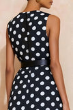 Navy White Polka Dots Round Neck A Line Midi Work Dress with Belt