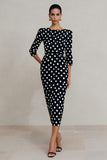 Black White Polka Dots Bateau Neck Sheath Midi Work Dress with Sleeves