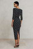Black White Polka Dots Bateau Neck Sheath Midi Work Dress with Sleeves