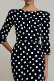 Black White Polka Dots Bateau Neck Sheath Midi Work Dress with Sleeves