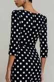 Black White Polka Dots Bateau Neck Sheath Midi Work Dress with Sleeves