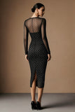 Black White Polka Dots Round Neck Sheath Work Dress with Long Sleeves