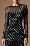 Black White Polka Dots Round Neck Sheath Work Dress with Long Sleeves