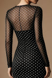 Black White Polka Dots Round Neck Sheath Work Dress with Long Sleeves