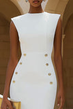 Ivory Sheath Bateau Neck Double Breasted Midi Work Dress