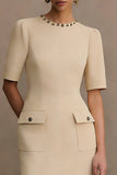 Bodycon Ivory Round Neck Short Work Dress with Pockets