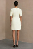 Bodycon Ivory Round Neck Short Work Dress with Pockets