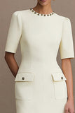 Bodycon Ivory Round Neck Short Work Dress with Pockets