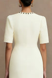Bodycon Ivory Round Neck Short Work Dress with Pockets