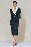 Navy Peak Lapel White Polka Dots Bodycon Midi Work Dress with Rhinestone Belt