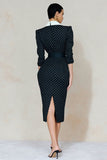 Navy Peak Lapel White Polka Dots Bodycon Midi Work Dress with Rhinestone Belt