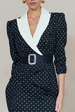 Navy Peak Lapel White Polka Dots Bodycon Midi Work Dress with Rhinestone Belt