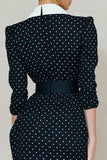 Navy Peak Lapel White Polka Dots Bodycon Midi Work Dress with Rhinestone Belt