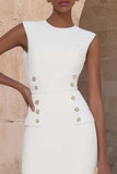 Bodycon Ivory Round Neck Double Breasted Midi Work Dress