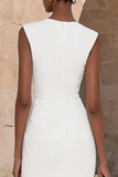 Bodycon Ivory Round Neck Double Breasted Midi Work Dress