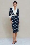 Navy White Polka Dots Notched Lapel Bodycon Midi Work Dress with Belt