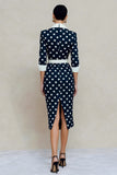 Navy White Polka Dots Notched Lapel Bodycon Midi Work Dress with Belt