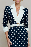 Navy White Polka Dots Notched Lapel Bodycon Midi Work Dress with Belt