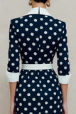 Navy White Polka Dots Notched Lapel Bodycon Midi Work Dress with Belt