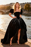 Black Velvet Sequins Princess High-Low Prom Dress with Puff Sleeves