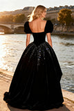 Black Velvet Sequins Princess High-Low Prom Dress with Puff Sleeves