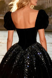 Black Velvet Sequins Princess High-Low Prom Dress with Puff Sleeves