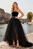 Black Strapless A Line Tulle High-Low Prom Dress