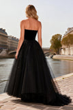 Black Strapless A Line Tulle High-Low Prom Dress