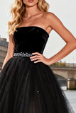 Black Strapless A Line Tulle High-Low Prom Dress