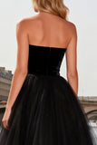 Black Strapless A Line Tulle High-Low Prom Dress