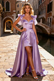 Light Purple A Line Satin High Low Prom Dress with Bows