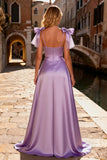 Light Purple A Line Satin High Low Prom Dress with Bows