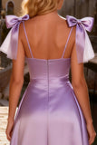 Light Purple A Line Satin High Low Prom Dress with Bows
