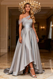 One Shoulder Grey A Line Satin Long Prom Dress with Beading