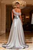 One Shoulder Grey A Line Satin Long Prom Dress with Beading