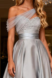 One Shoulder Grey A Line Satin Long Prom Dress with Beading