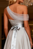 One Shoulder Grey A Line Satin Long Prom Dress with Beading