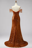 Bronze Off the Shoulder Mermaid Sequins V-Neck Prom Dress with Sweep Train
