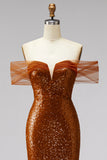 Bronze Off the Shoulder Mermaid Sequins V-Neck Prom Dress with Sweep Train