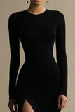 Mermaid Round Neck Long Sleeves Black Tie Dress with Slit