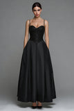 A Line Spaghetti Straps Long Black Tie Dress with Pockets