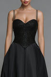 A Line Spaghetti Straps Long Black Tie Dress with Pockets