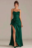 Dark Green Satin Spaghetti Straps Sheath Long Evening Dress with Slit
