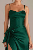Dark Green Satin Spaghetti Straps Sheath Long Evening Dress with Slit
