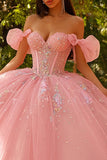 Sparkly Off The Shoulder Pink Ball-Gown Quinceanera Dress