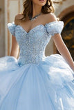 Off The Shoulder Blue Ball-Gown Appliqued Ruffled Quinceanera Dress