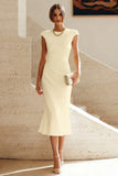 White Mermaid Round Neck Midi Work Dress with Cap Sleeves