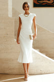 White Mermaid Round Neck Midi Work Dress with Cap Sleeves