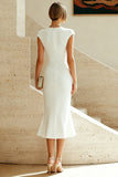 White Mermaid Round Neck Midi Work Dress with Cap Sleeves
